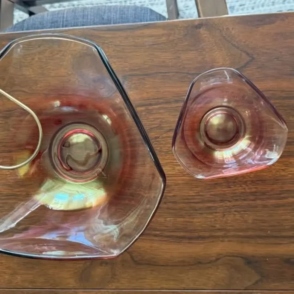 MCM Indiana Glass Chip and Dip Bowl Set - Cranberry Ruby Red Iridescent Ombré